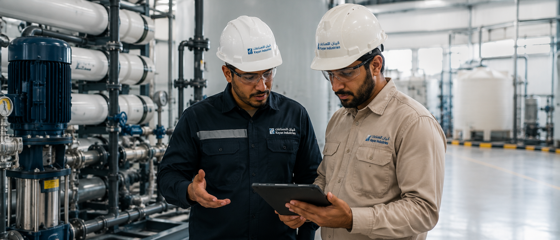 Engineer inspecting industrial water treatment equipment